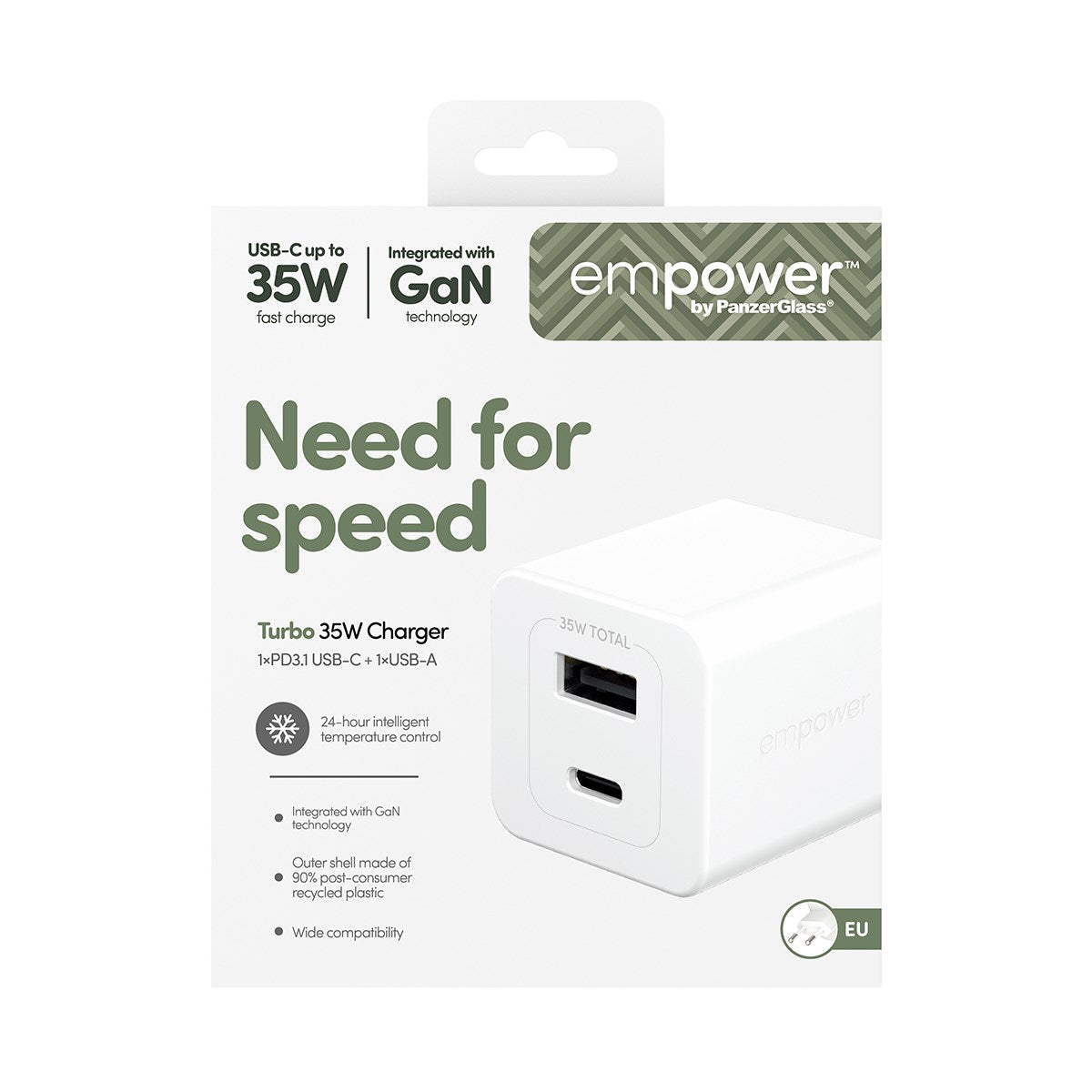 empower by PanzerGlass® Turbo 35W Oplader inkl. USB-C + USB-A | EU Stik | Silver White